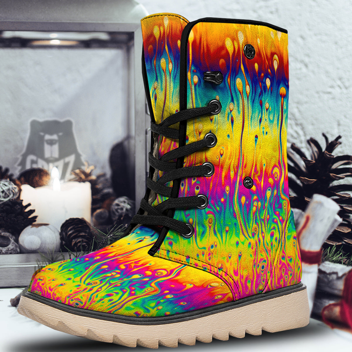Abstract Psychedelic Rainbow Acid Print Snow Boots-grizzshop