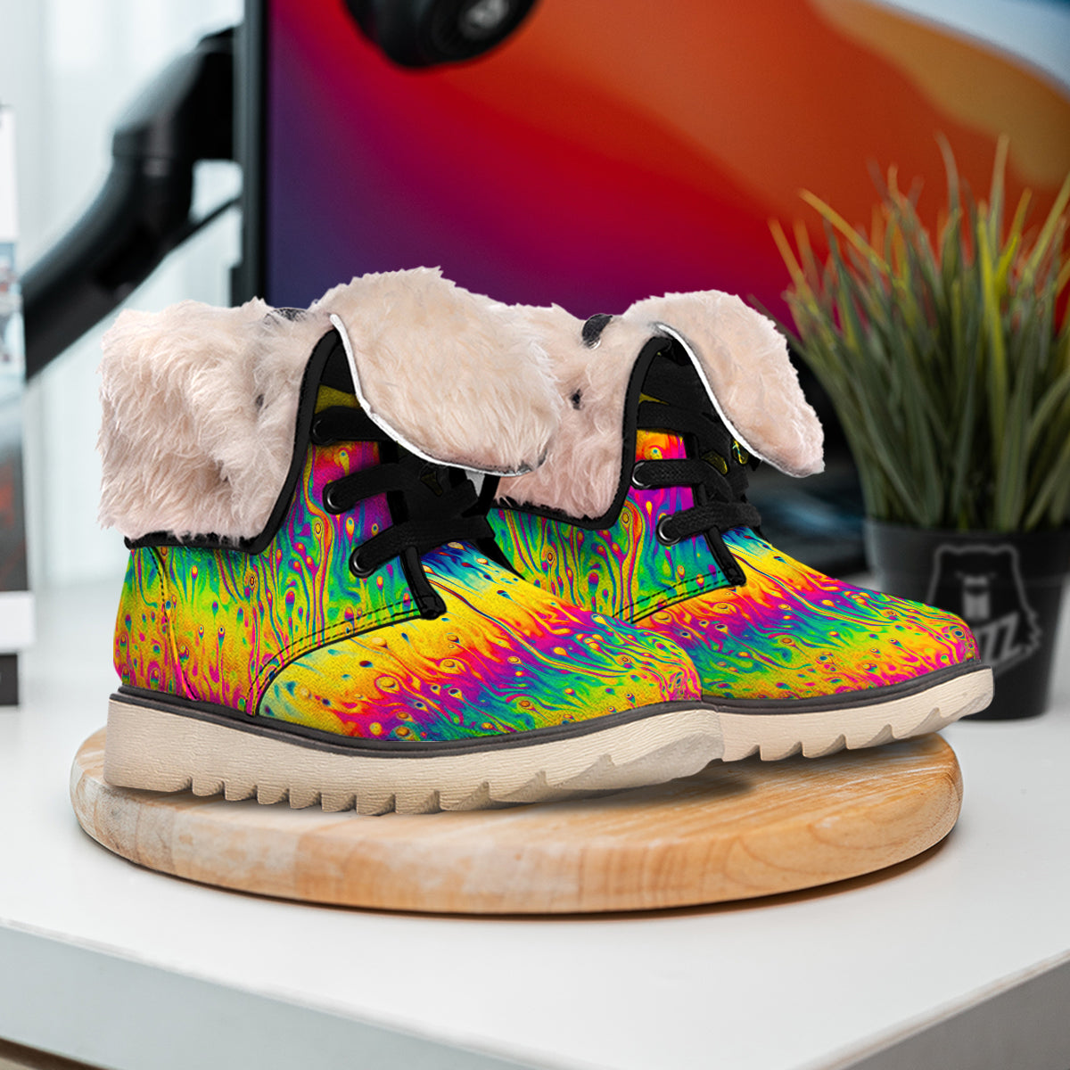Abstract Psychedelic Rainbow Acid Print Snow Boots-grizzshop