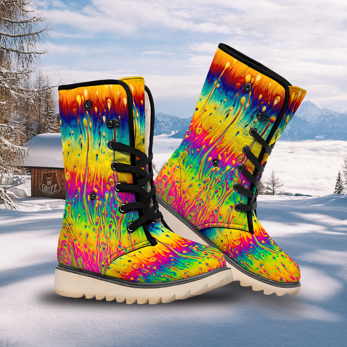 Abstract Psychedelic Rainbow Acid Print Snow Boots-grizzshop