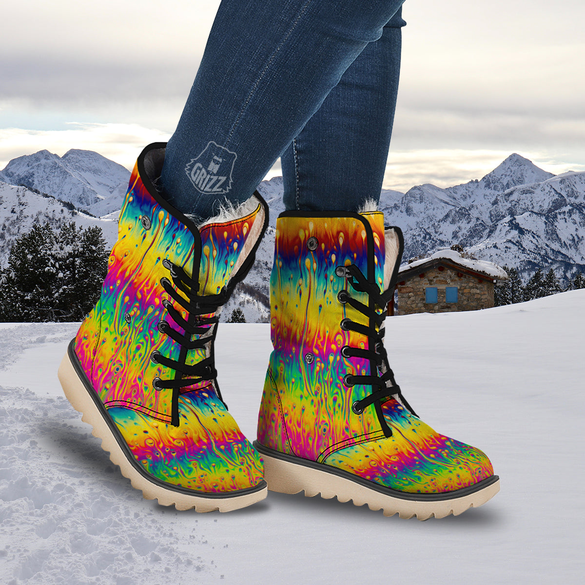 Abstract Psychedelic Rainbow Acid Print Snow Boots-grizzshop