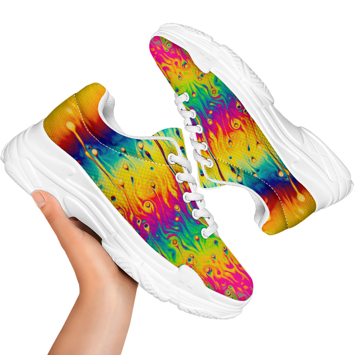 Abstract Psychedelic Rainbow Acid Print White Chunky Shoes-grizzshop
