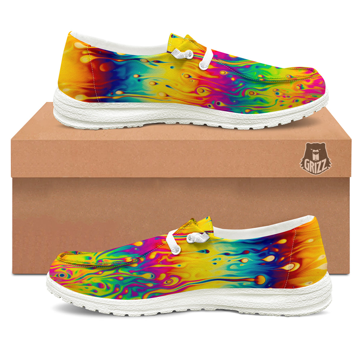 Abstract Psychedelic Rainbow Acid Print White Loafers-grizzshop