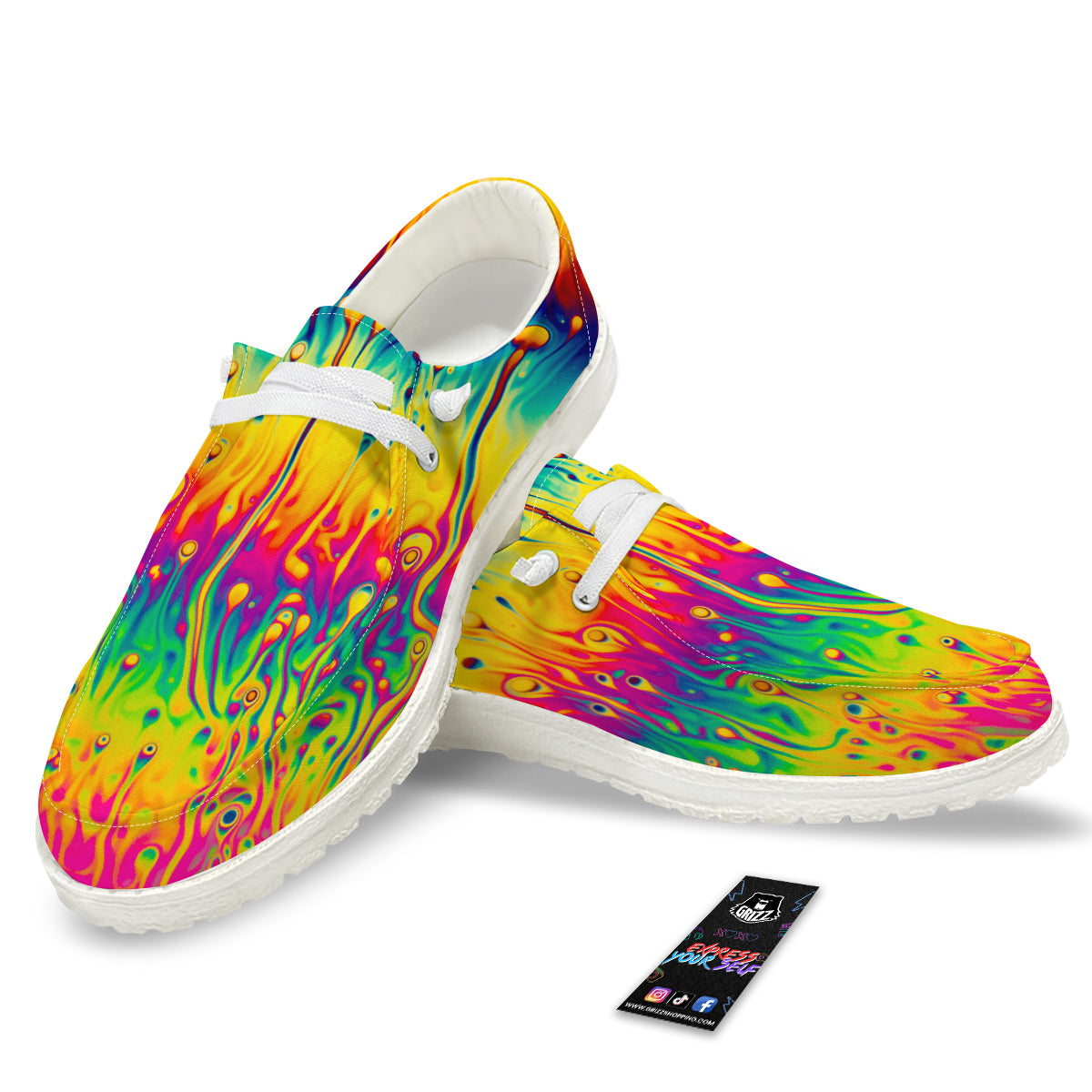 Abstract Psychedelic Rainbow Acid Print White Loafers-grizzshop