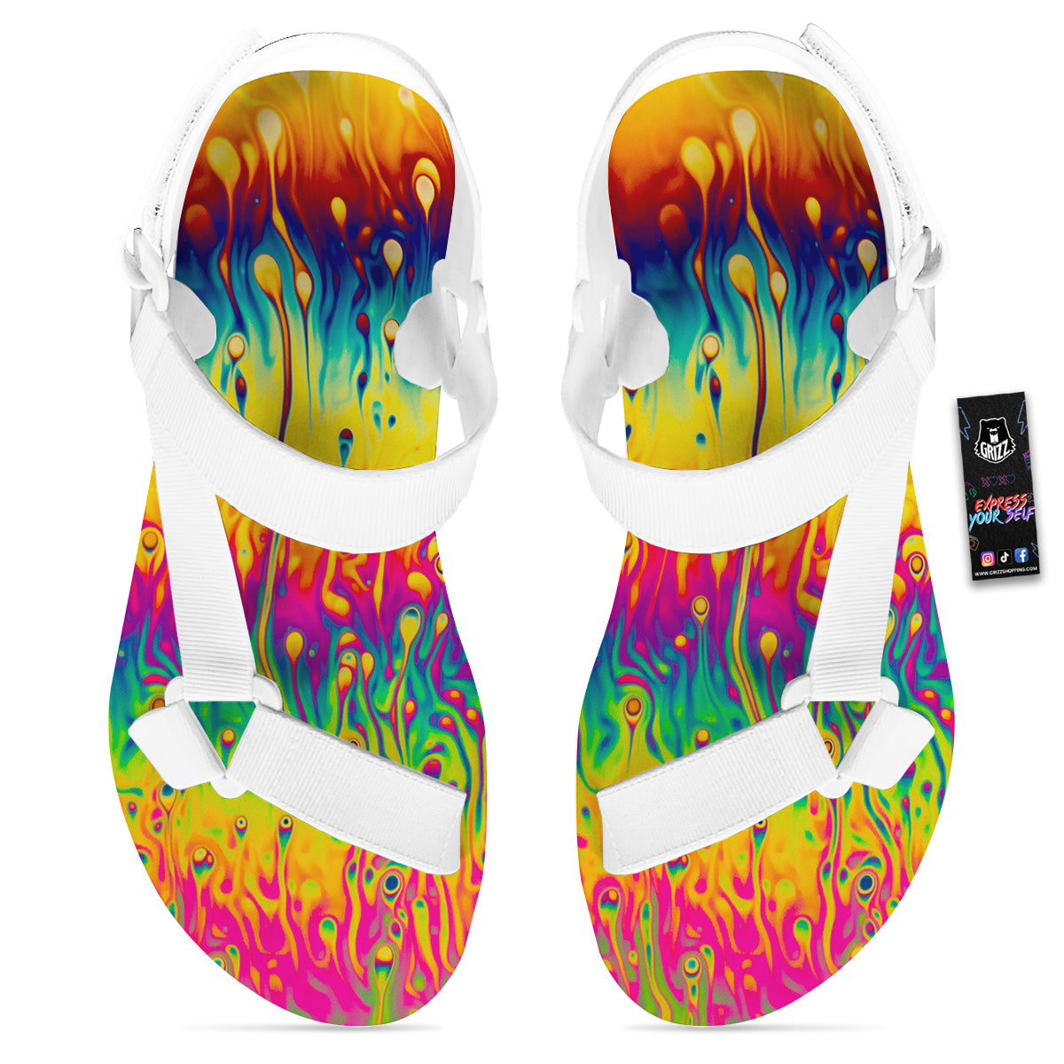 Abstract Psychedelic Rainbow Acid Print White Open Toe Sandals-grizzshop