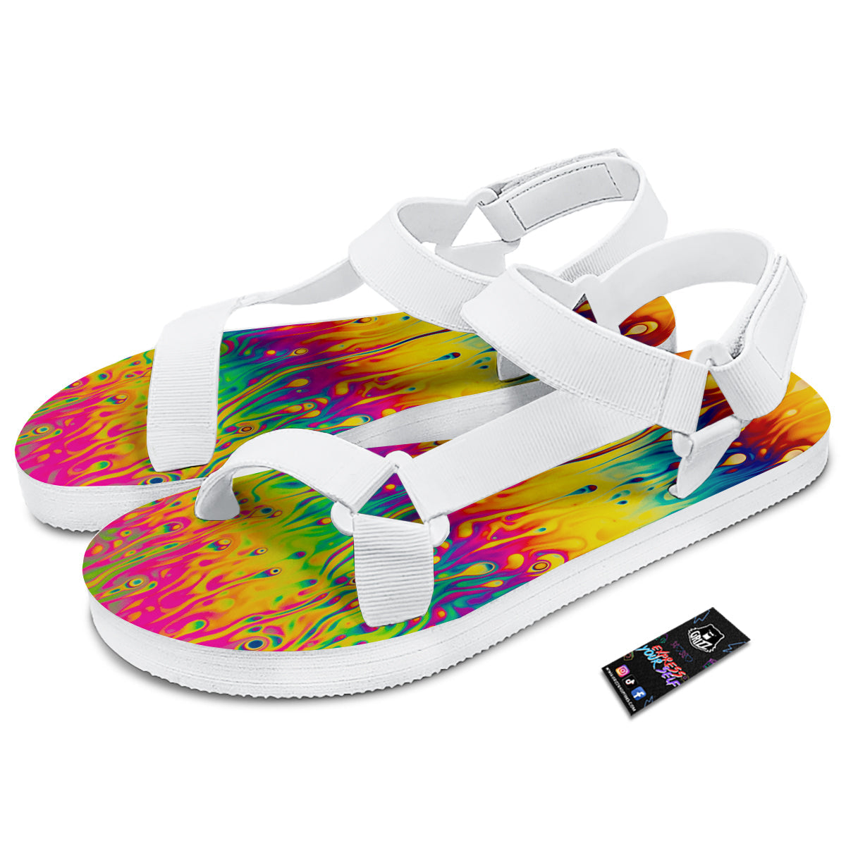 Abstract Psychedelic Rainbow Acid Print White Open Toe Sandals-grizzshop