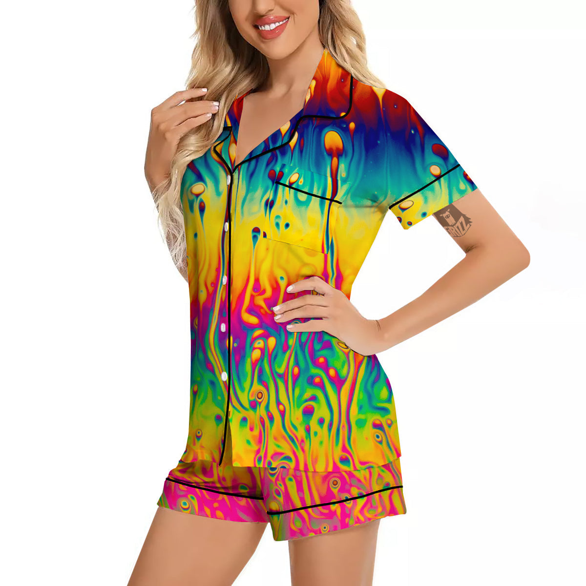 Abstract Psychedelic Rainbow Acid Print Women Silk Pajamas-grizzshop
