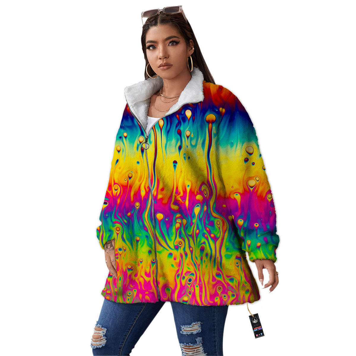 Abstract Psychedelic Rainbow Acid Print Women's Sherpa Jacket-grizzshop