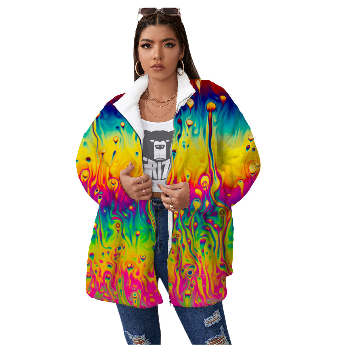 Abstract Psychedelic Rainbow Acid Print Women's Sherpa Jacket-grizzshop