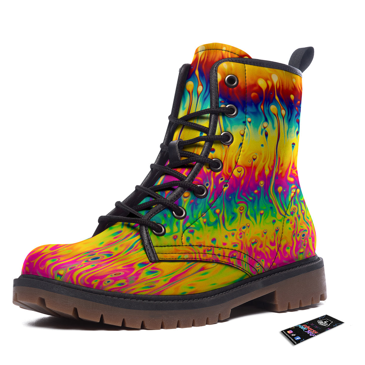 Abstract Psychedelic Rainbow Acid Print Work Boots-grizzshop