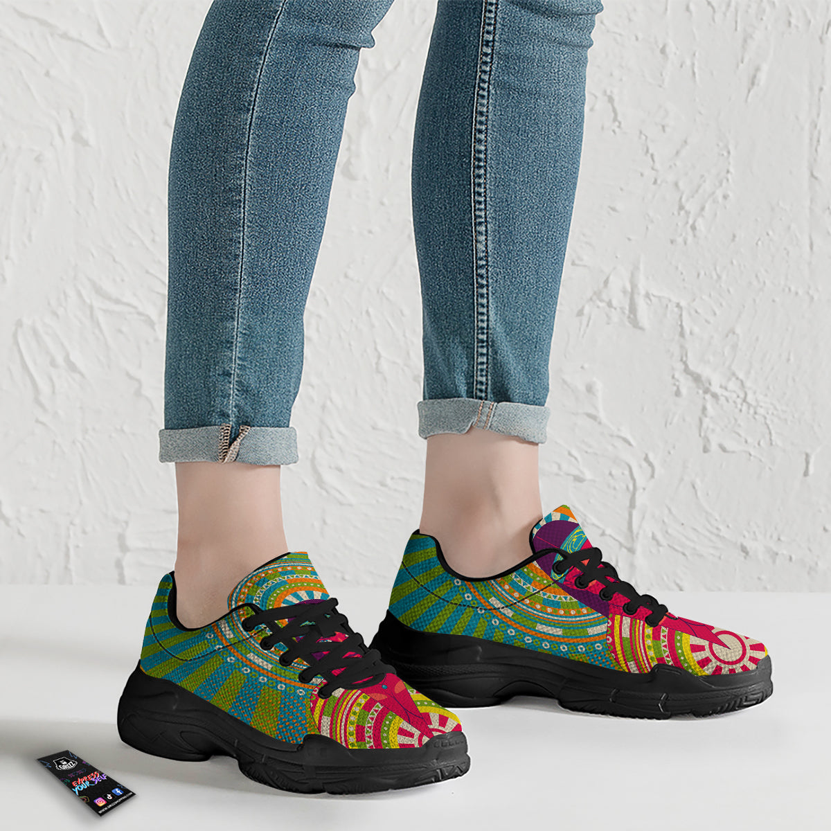 Abstract Psychedelic Women Print Black Chunky Shoes-grizzshop