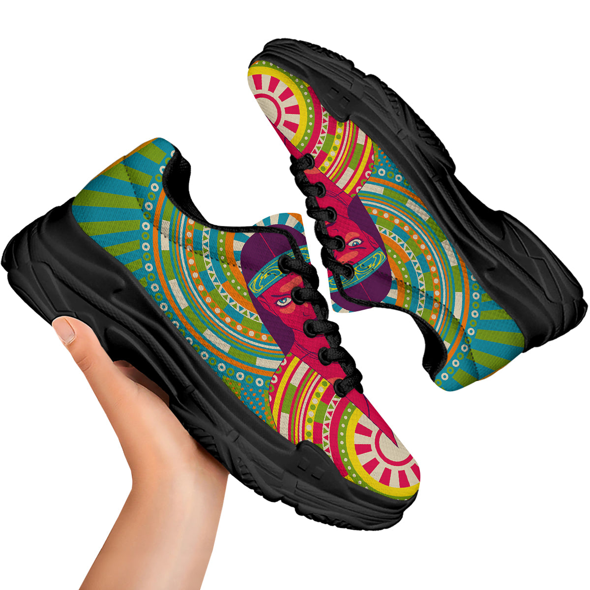 Abstract Psychedelic Women Print Black Chunky Shoes-grizzshop