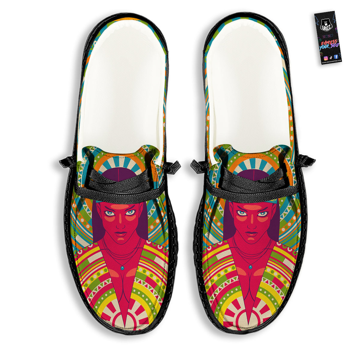 Abstract Psychedelic Women Print Black Loafers-grizzshop