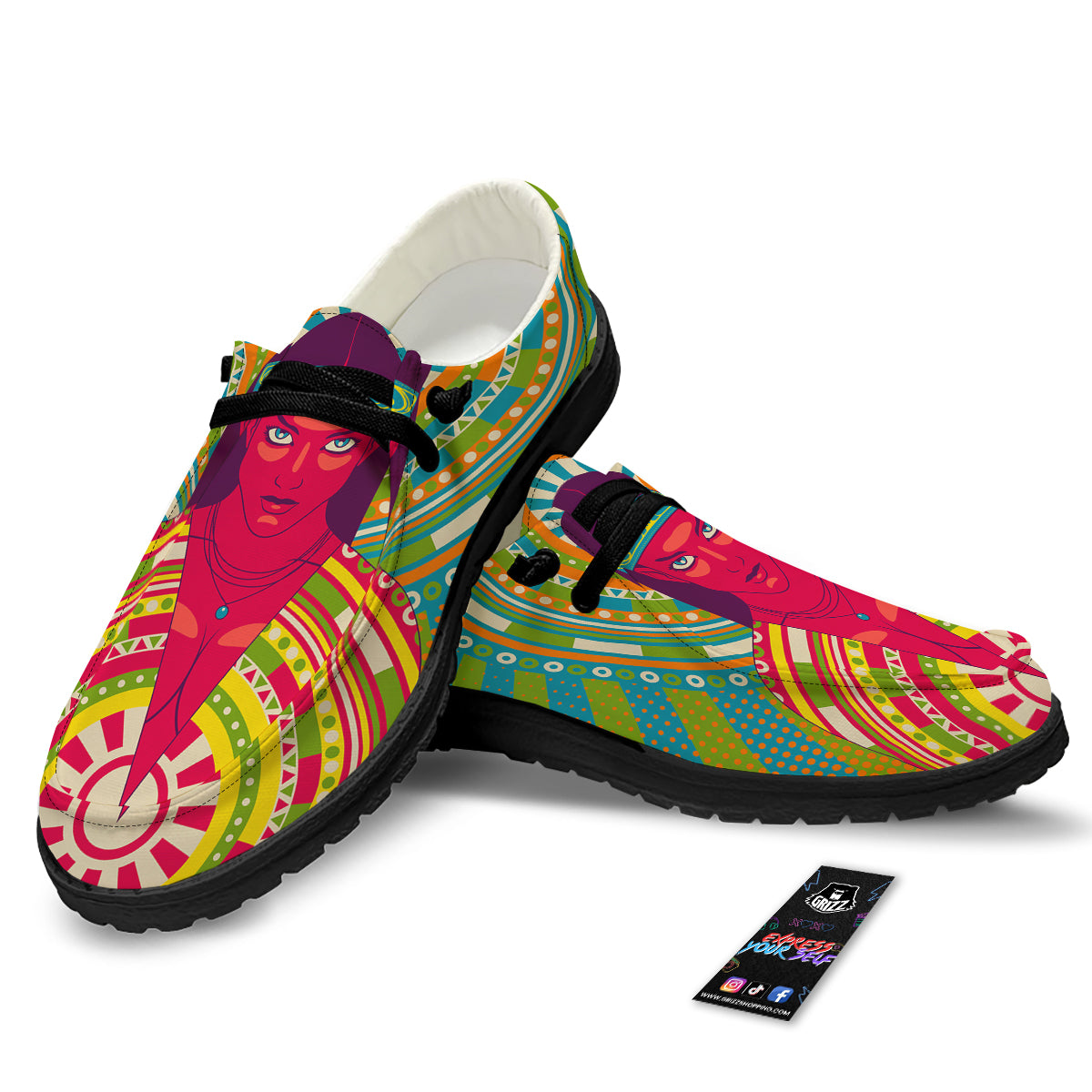 Abstract Psychedelic Women Print Black Loafers-grizzshop