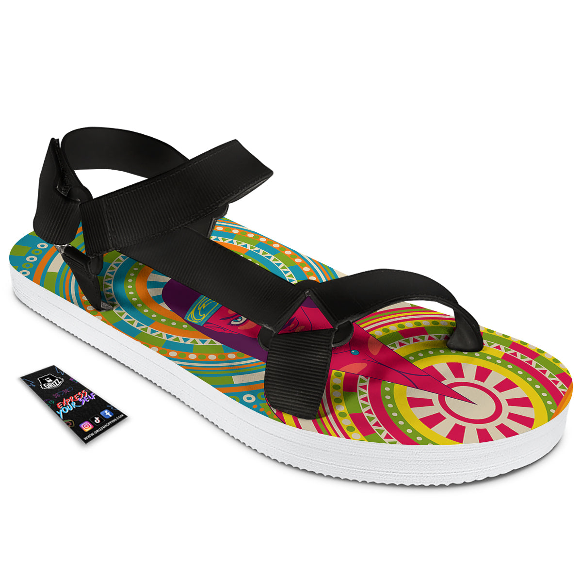 Abstract Psychedelic Women Print Black Open Toe Sandals-grizzshop