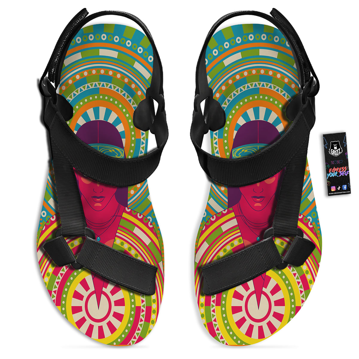 Abstract Psychedelic Women Print Black Open Toe Sandals-grizzshop