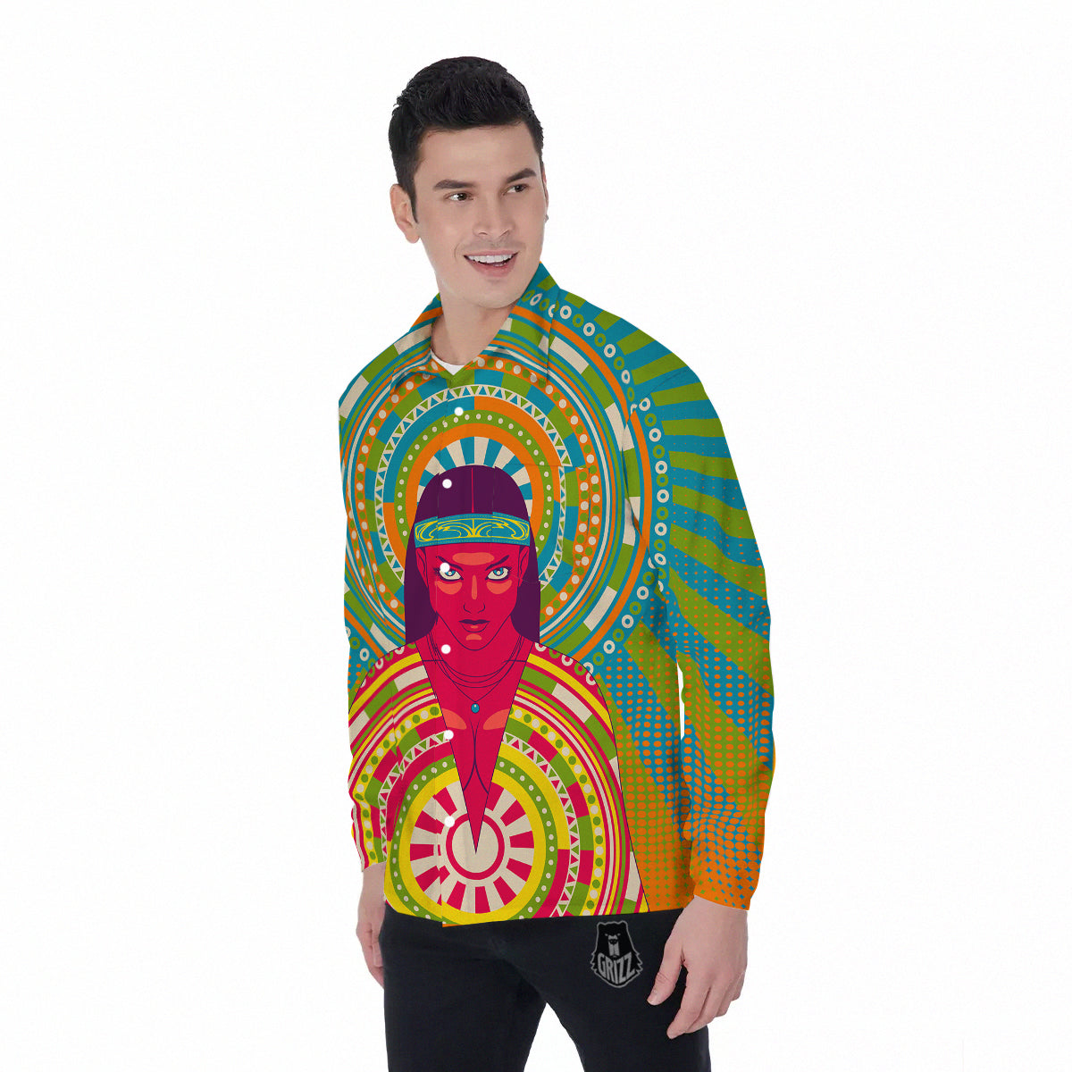 Abstract Psychedelic Women Print Men's Long Sleeve Shirts-grizzshop