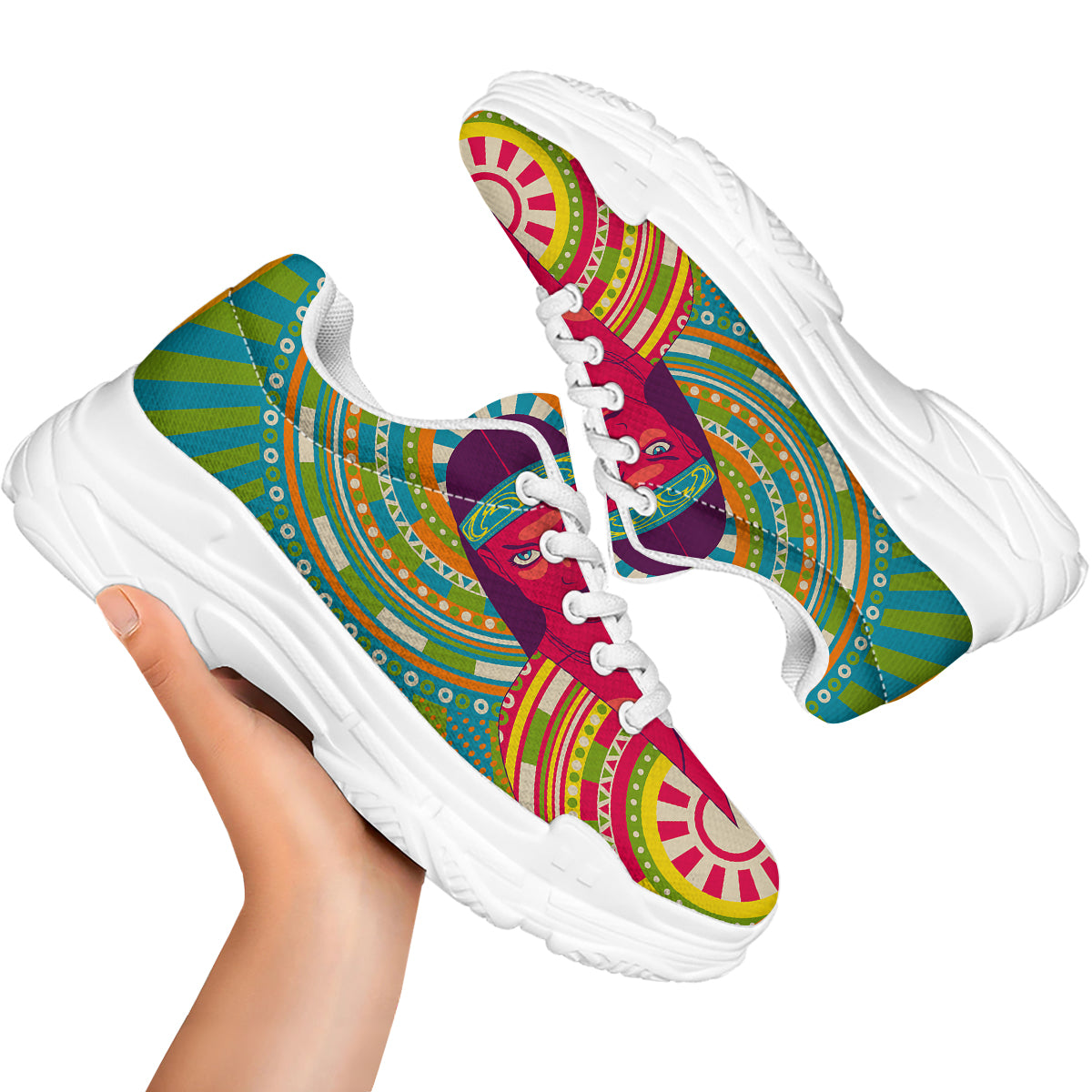 Abstract Psychedelic Women Print White Chunky Shoes-grizzshop