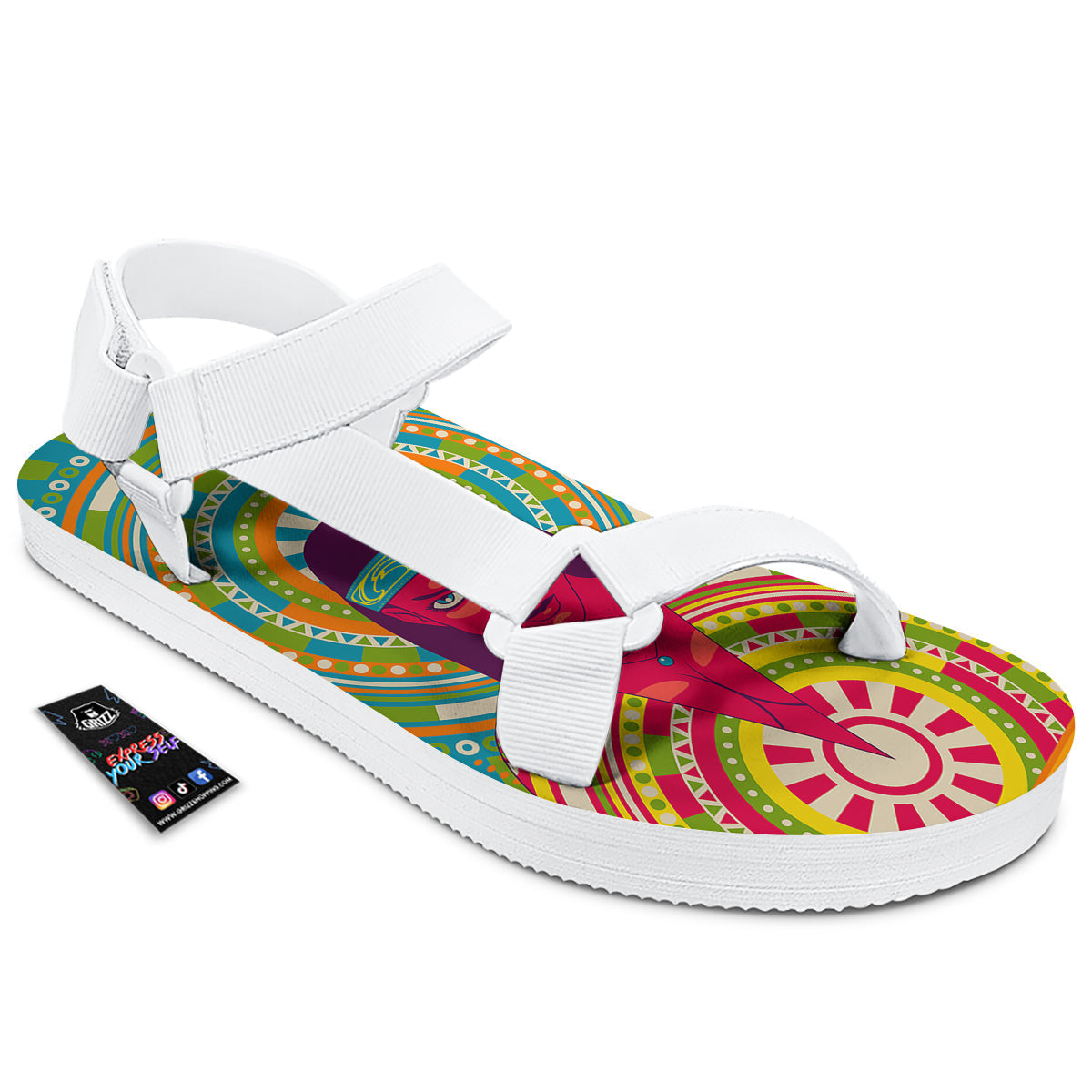 Abstract Psychedelic Women Print White Open Toe Sandals-grizzshop