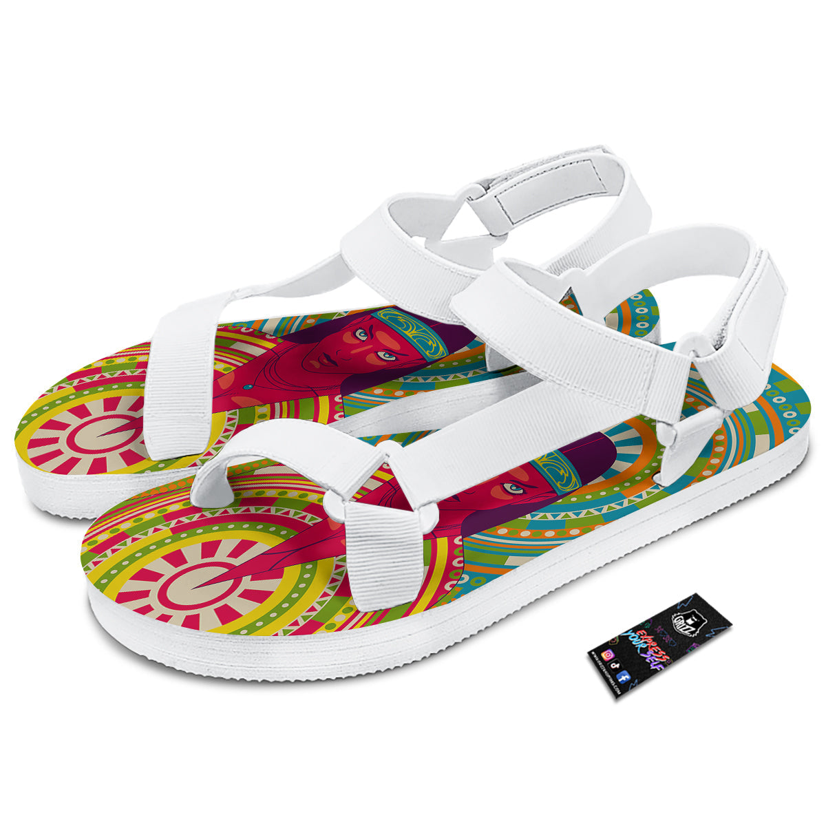 Abstract Psychedelic Women Print White Open Toe Sandals-grizzshop