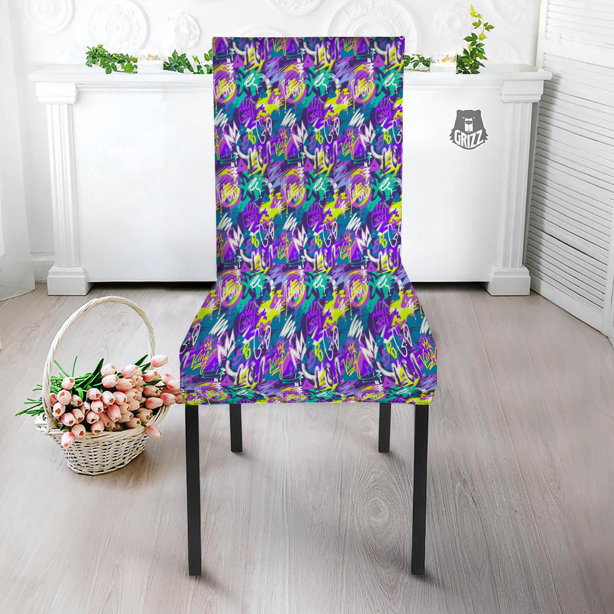 Abstract Purple Graffiti Print Pattern Dining Chair Slipcover-grizzshop