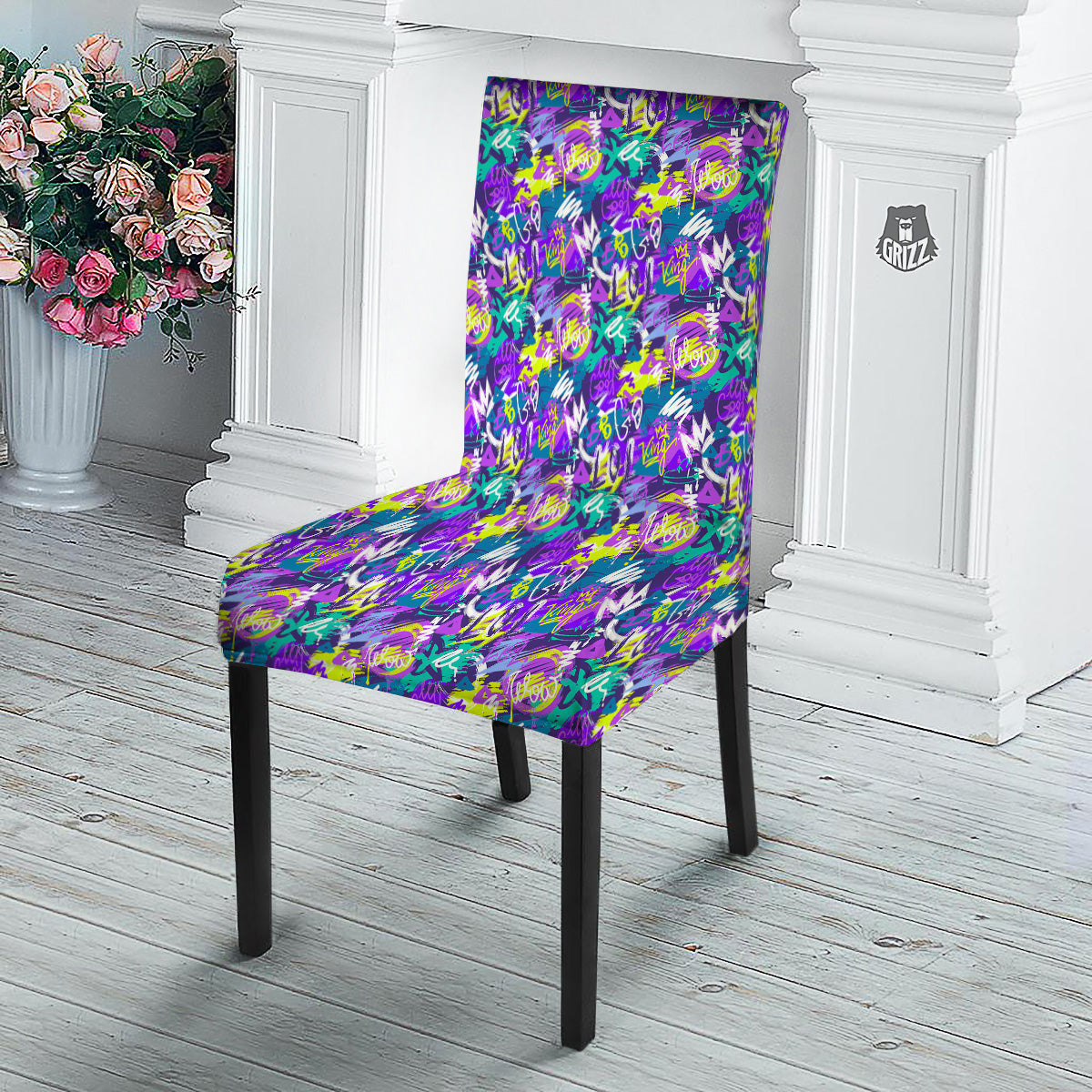 Abstract Purple Graffiti Print Pattern Dining Chair Slipcover-grizzshop