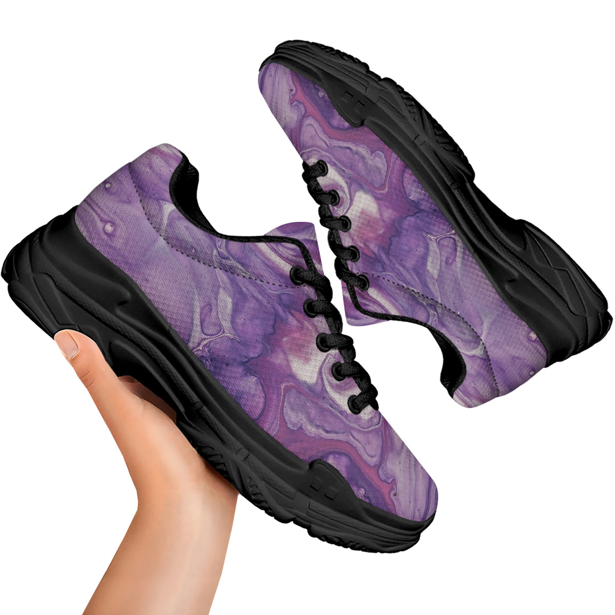 Abstract Purple Liquid Marble Print Black Chunky Shoes-grizzshop