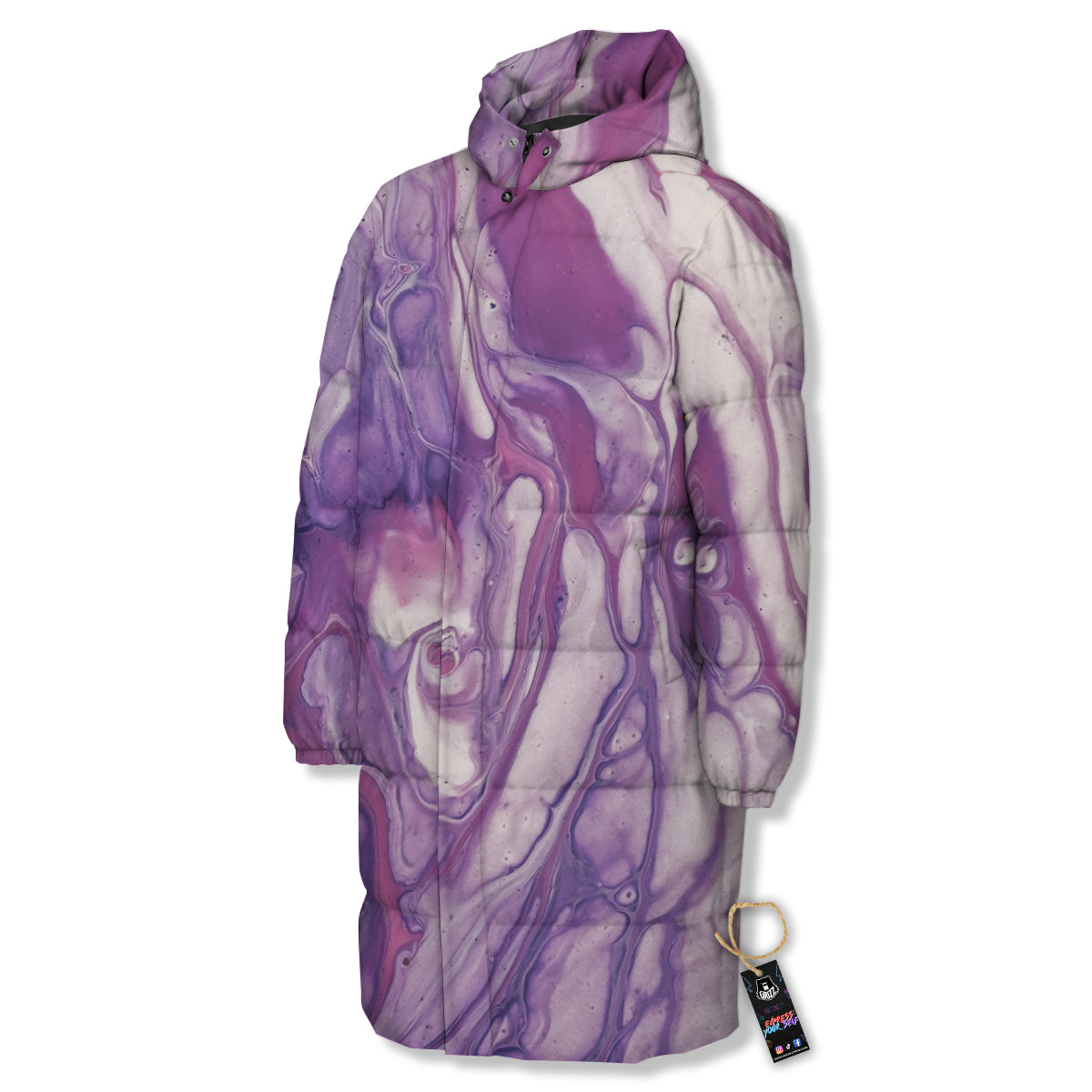 Abstract Purple Liquid Marble Print Long Down Jacket-grizzshop