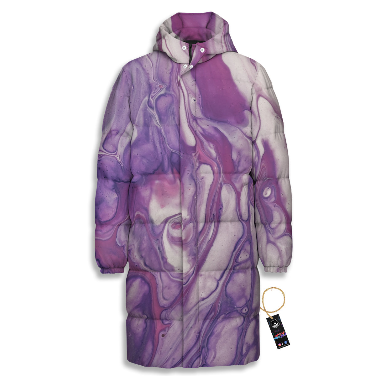 Abstract Purple Liquid Marble Print Long Down Jacket-grizzshop