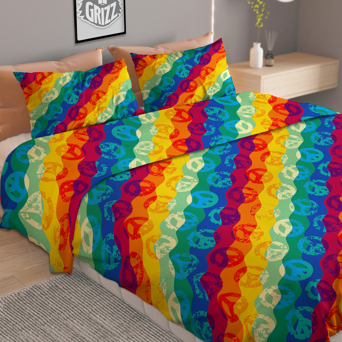 Abstract Rainbow Peace Signs And LGBT Print Pattern Duvet Cover Bedding Set-grizzshop
