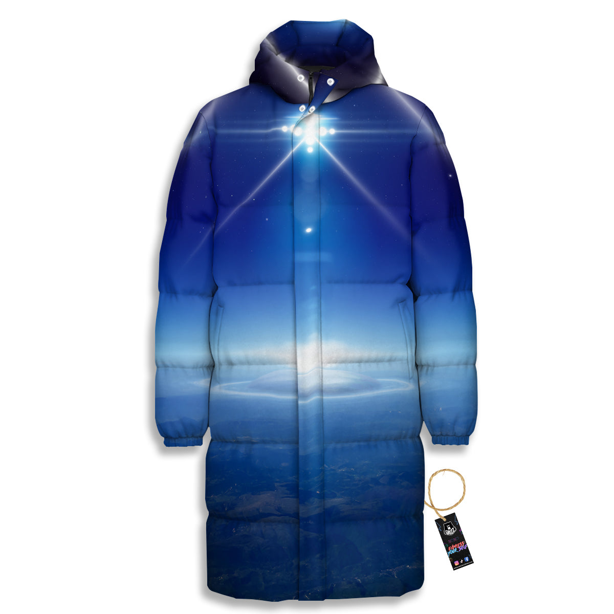 Abstract Sci Fi On Earth Print Long Down Jacket-grizzshop