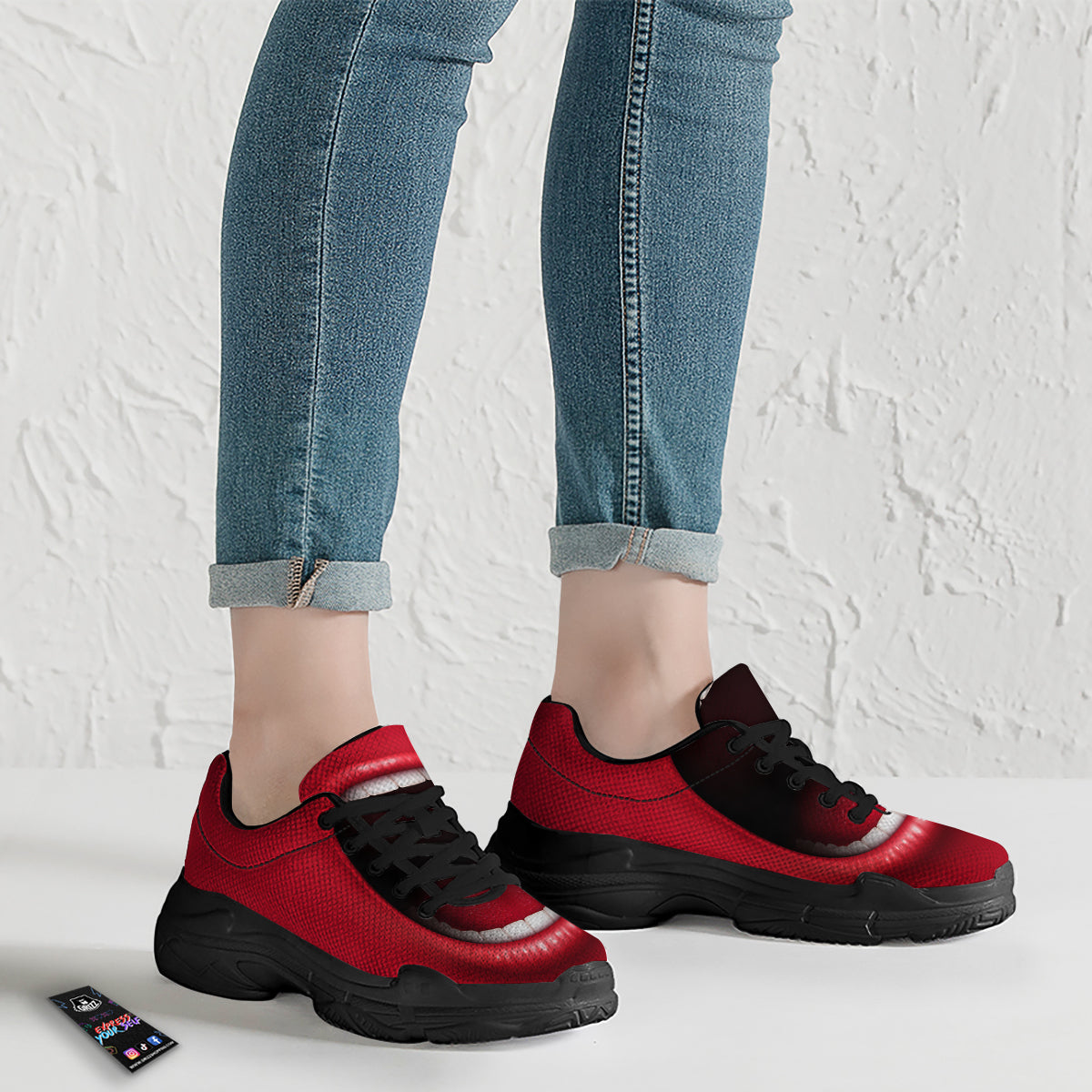 Abstract Scream Red Mouth Print Black Chunky Shoes-grizzshop
