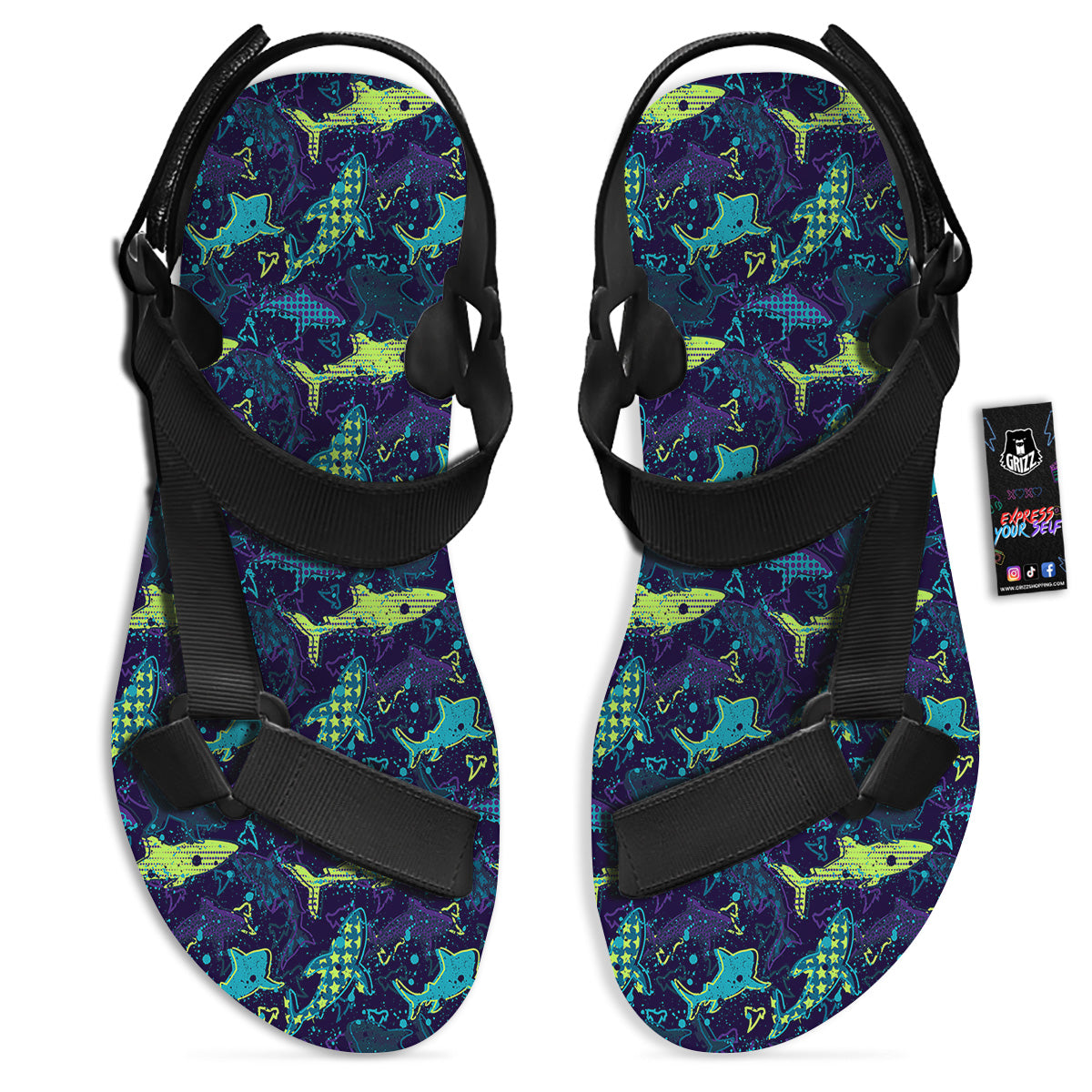 Abstract Shark Print Pattern Black Open Toe Sandals-grizzshop