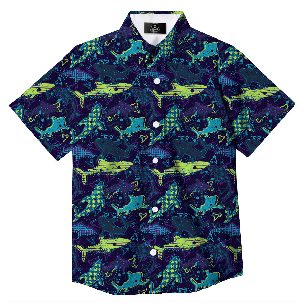 Abstract Shark Print Pattern Button Up Shirt-grizzshop