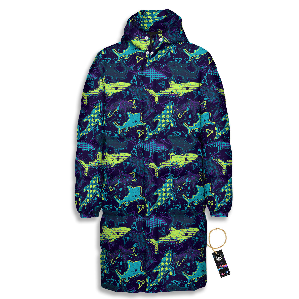 Abstract Shark Print Pattern Long Down Jacket-grizzshop