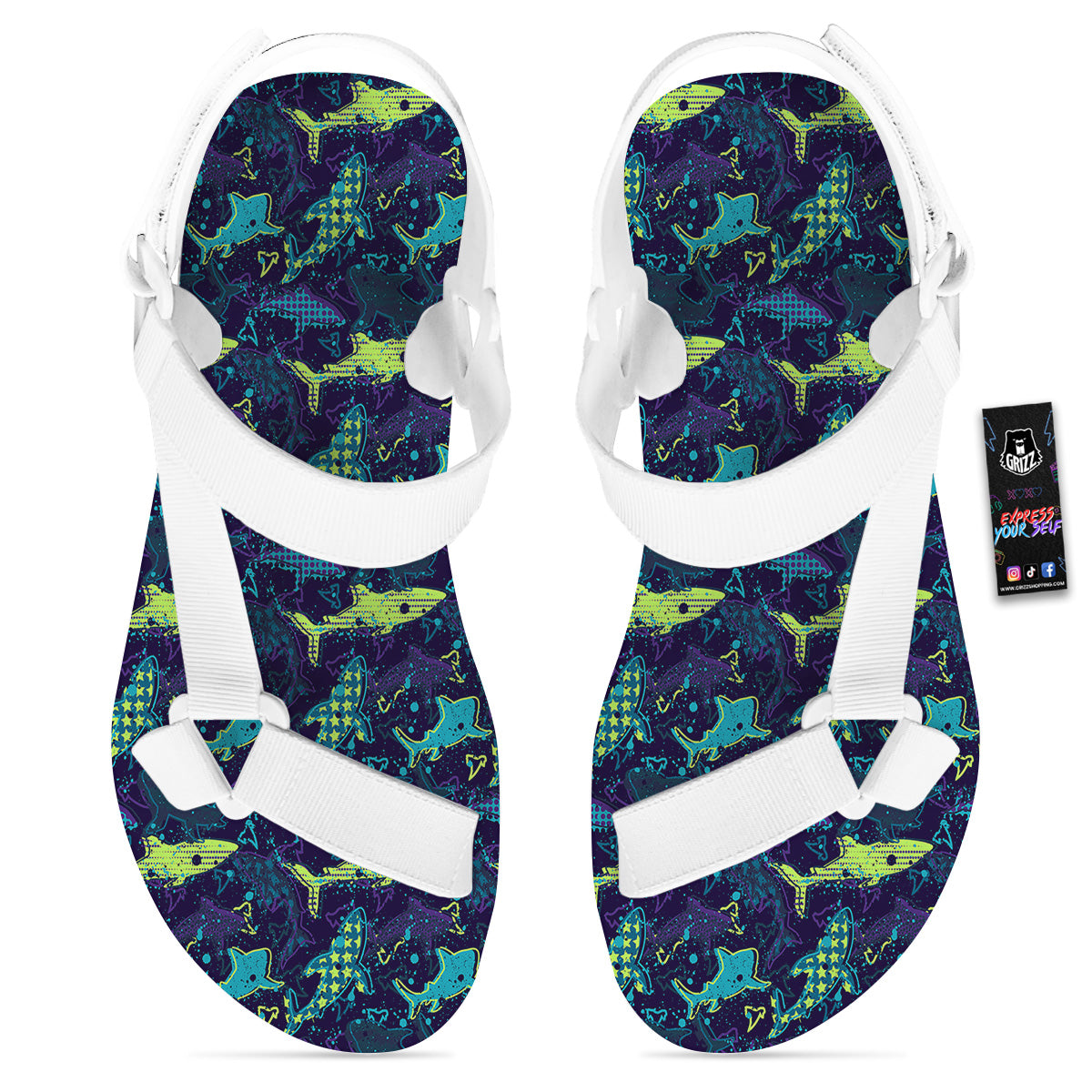 Abstract Shark Print Pattern White Open Toe Sandals-grizzshop