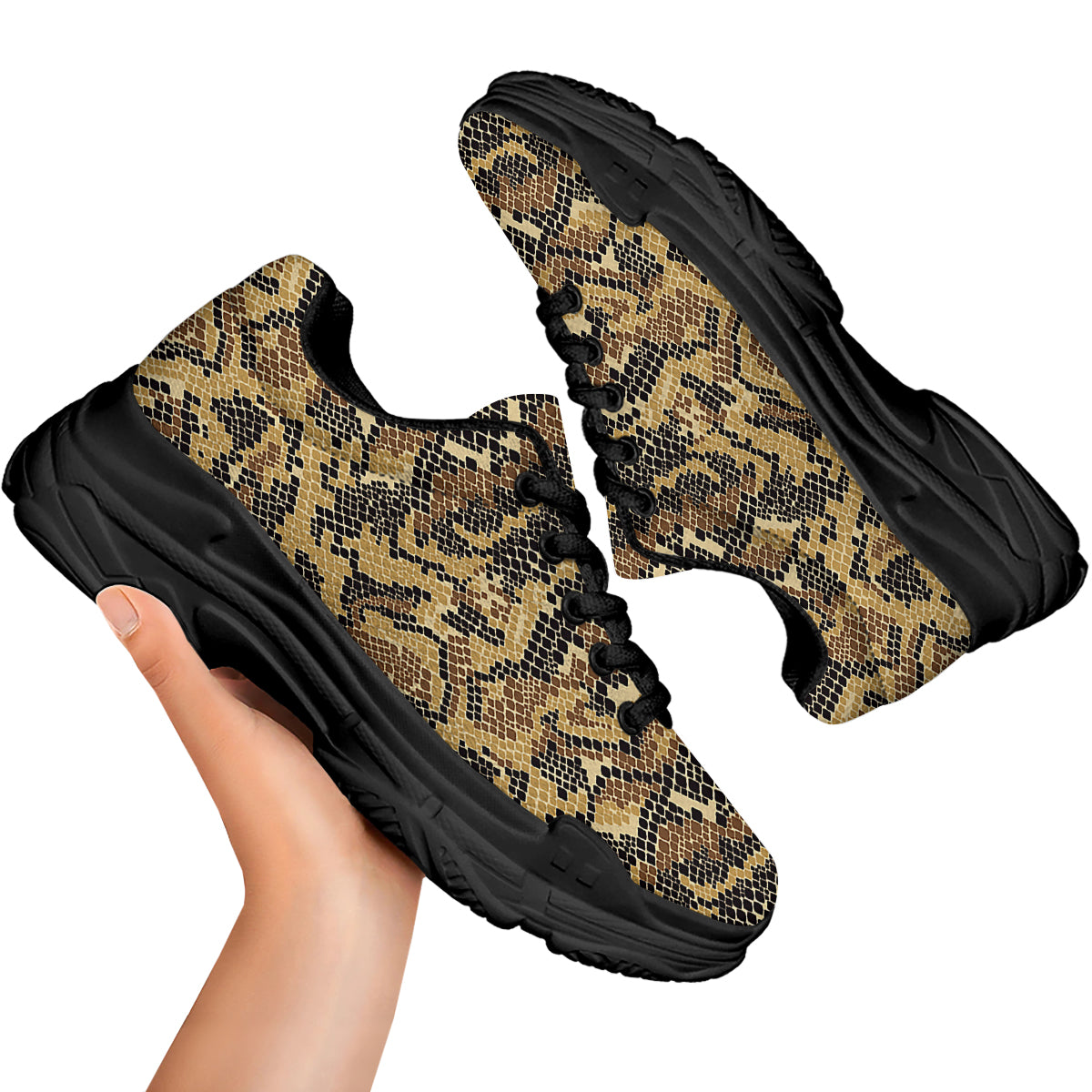 Abstract Snake Skin Print Black Chunky Shoes-grizzshop
