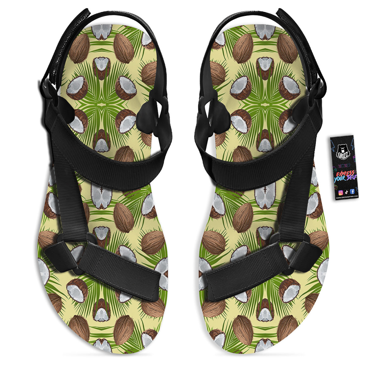 Abstract Tropical Coconut Print Pattern Black Open Toe Sandals-grizzshop