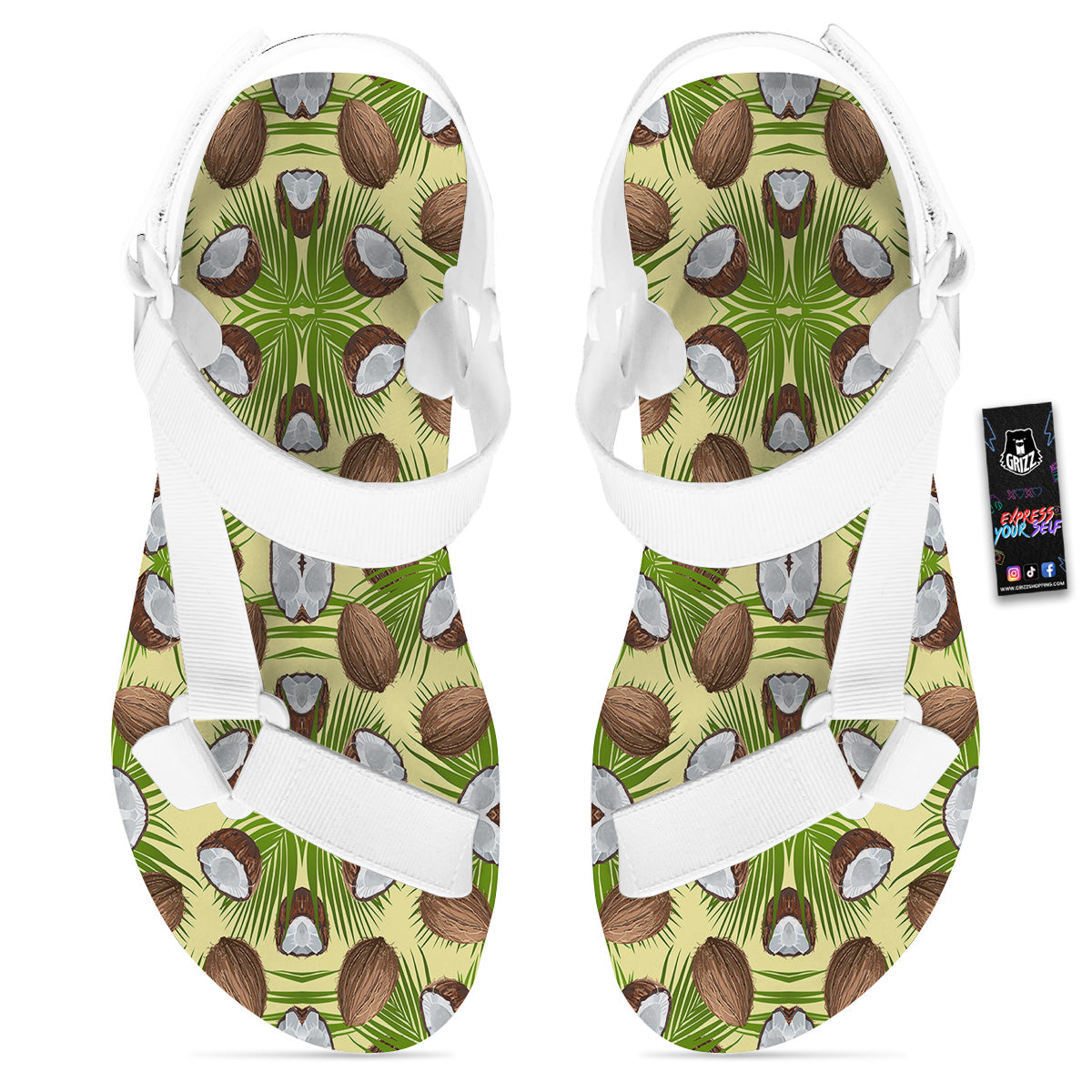 Abstract Tropical Coconut Print Pattern White Open Toe Sandals-grizzshop