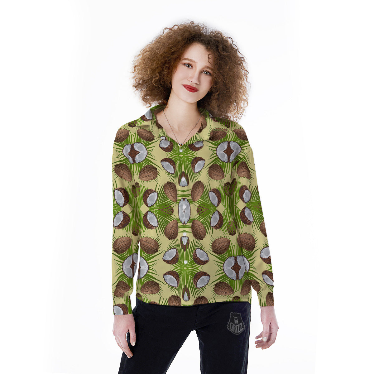 Abstract Tropical Coconut Print Pattern Women's Long Sleeve Shirts-grizzshop