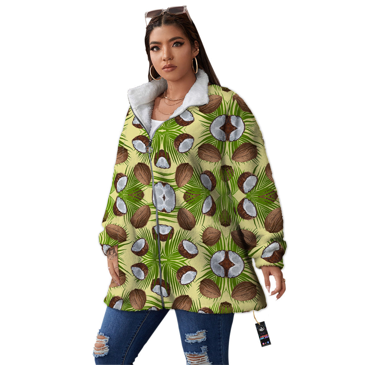 Abstract Tropical Coconut Print Pattern Women's Sherpa Jacket-grizzshop
