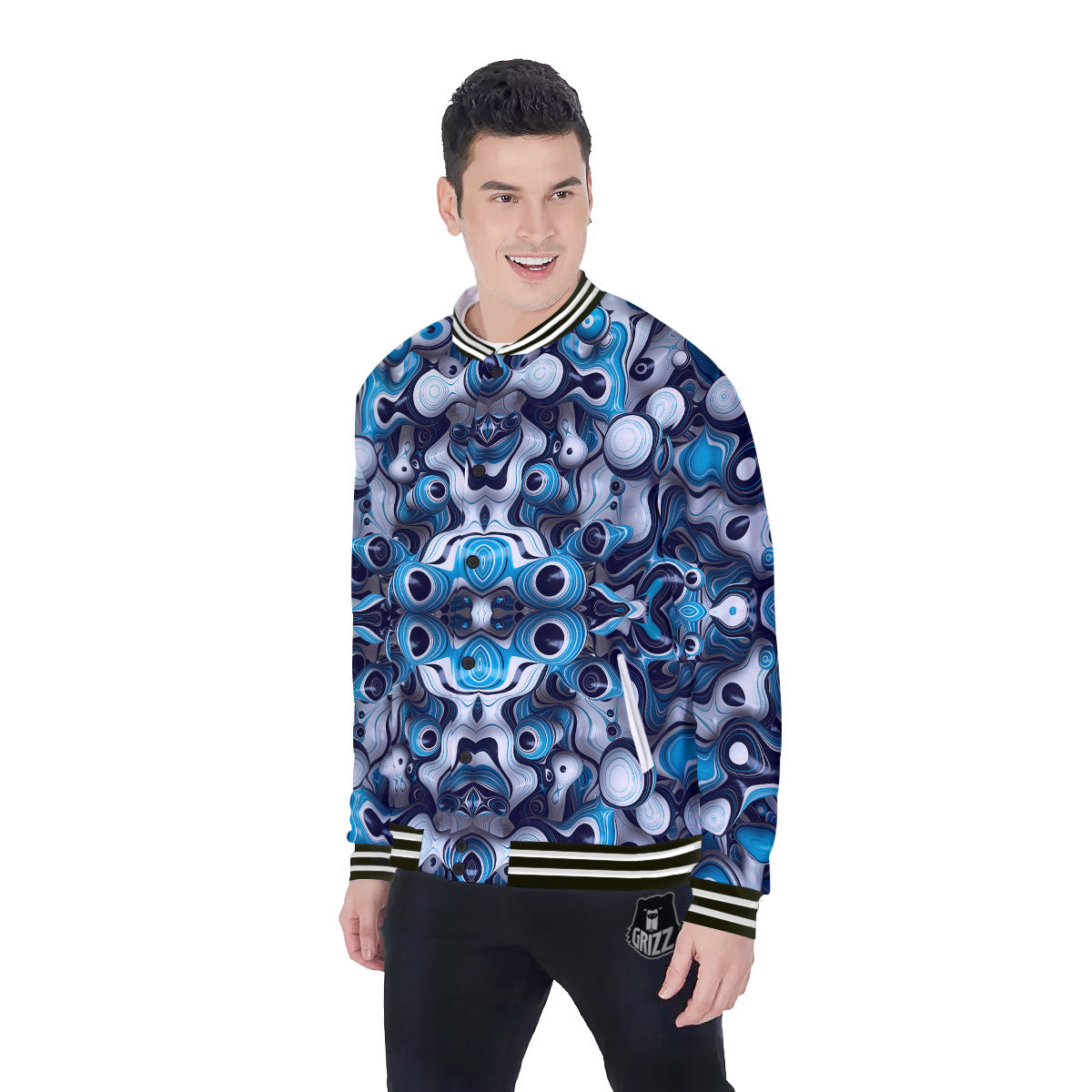 Abstract Wavy Bubbles Blue White Print Pattern Baseball Jacket-grizzshop