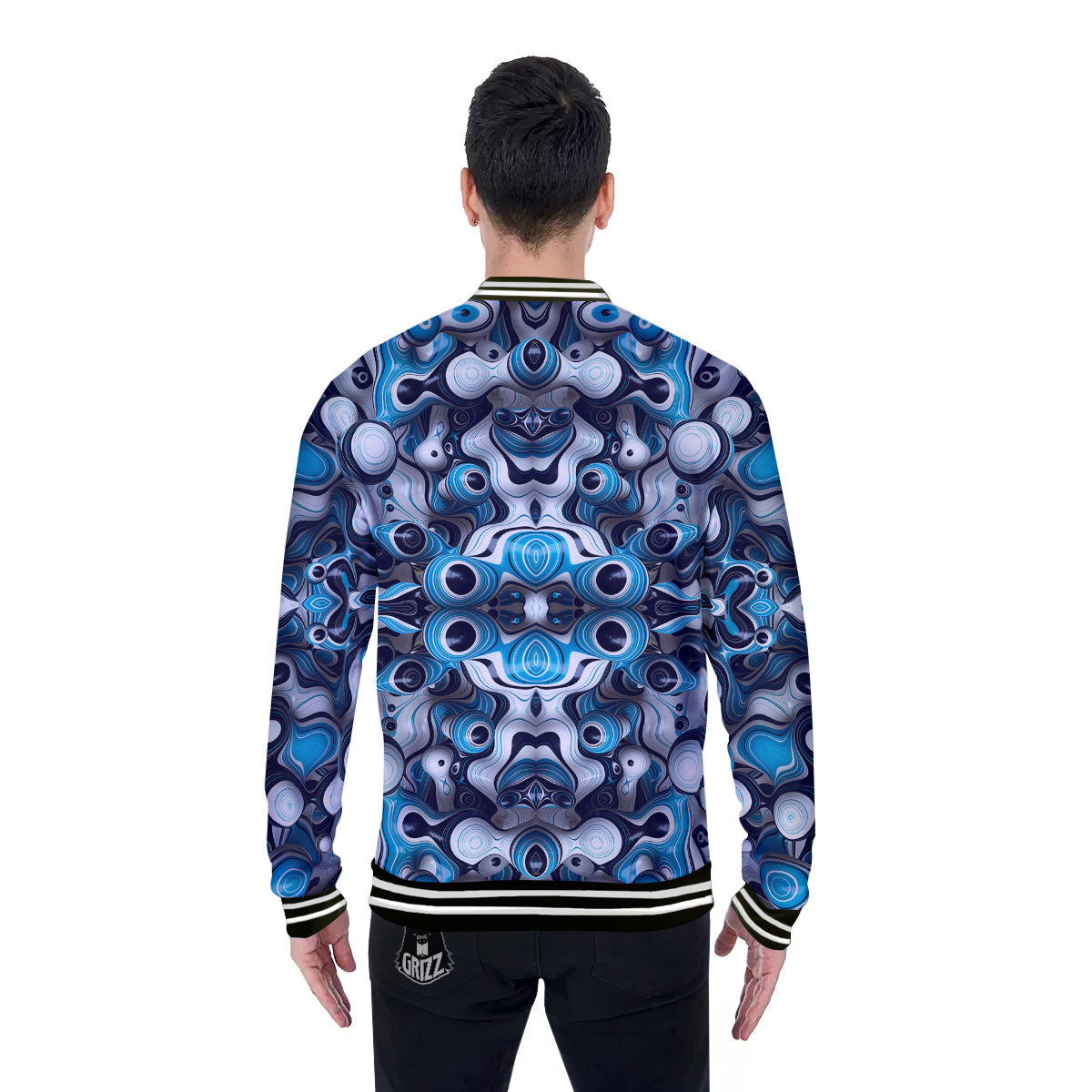 Abstract Wavy Bubbles Blue White Print Pattern Baseball Jacket-grizzshop