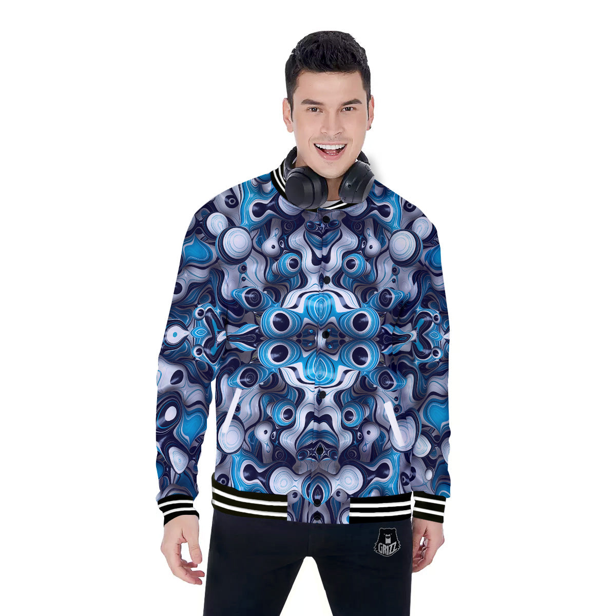 Abstract Wavy Bubbles Blue White Print Pattern Baseball Jacket-grizzshop