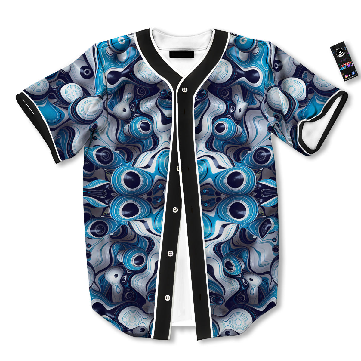 Abstract Wavy Bubbles Blue White Print Pattern Baseball Jersey-grizzshop