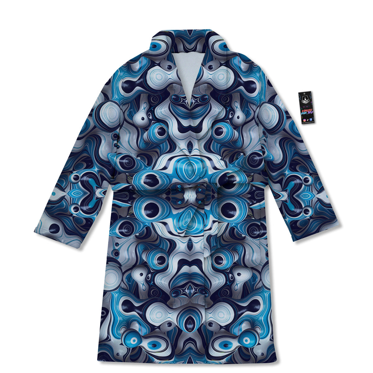 Abstract Wavy Bubbles Blue White Print Pattern Bathrobe-grizzshop