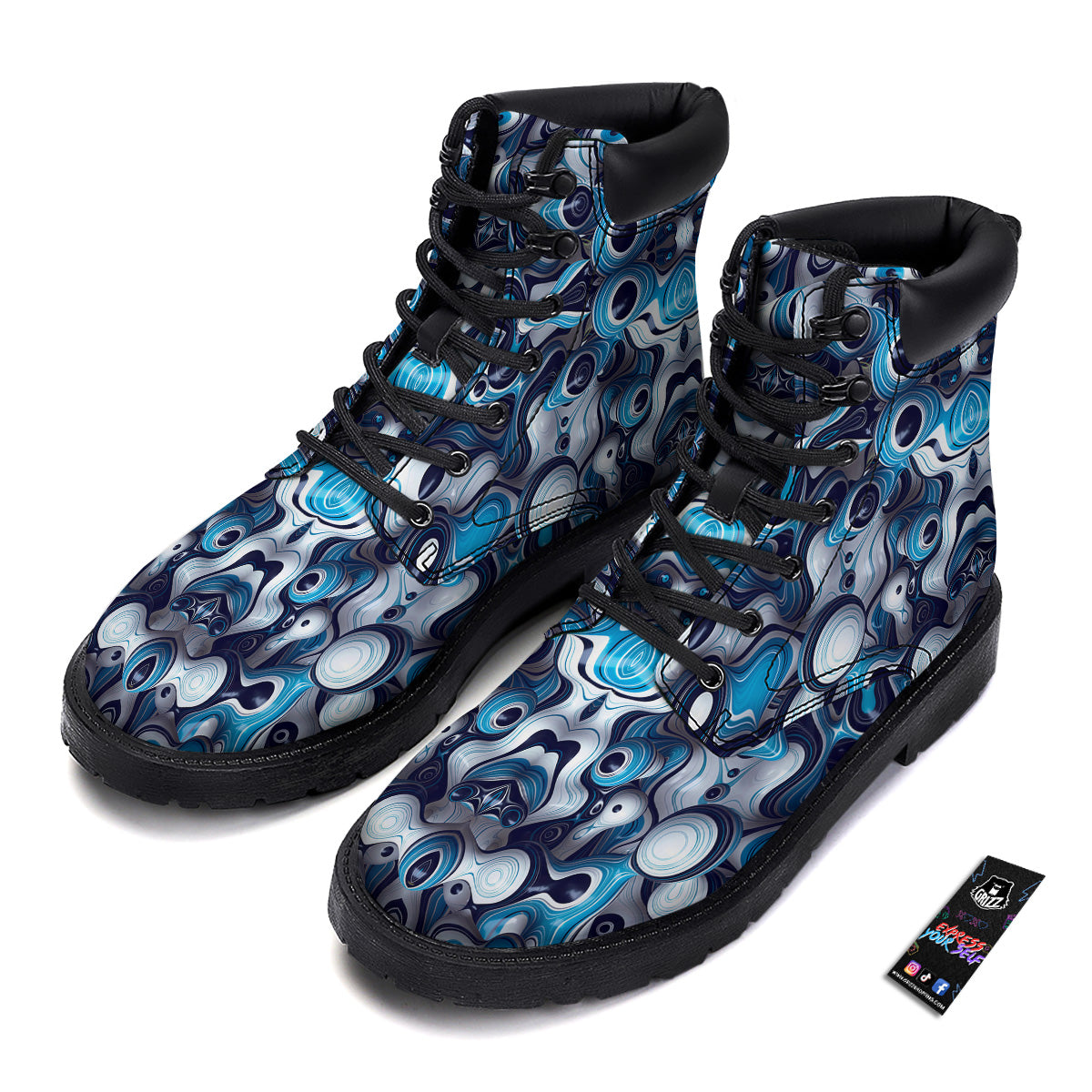 Abstract Wavy Bubbles Blue White Print Pattern Boots-grizzshop