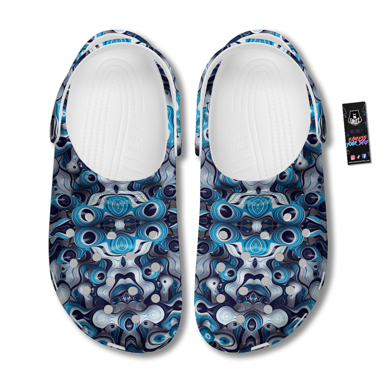 Abstract Wavy Bubbles Blue White Print Pattern Clog-grizzshop