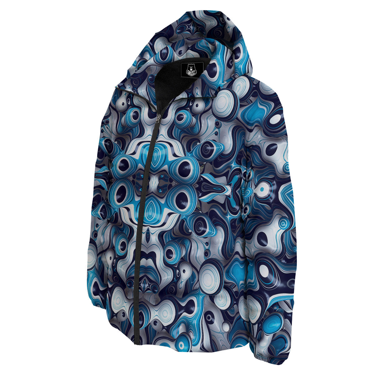 Abstract Wavy Bubbles Blue White Print Pattern Down Jacket-grizzshop