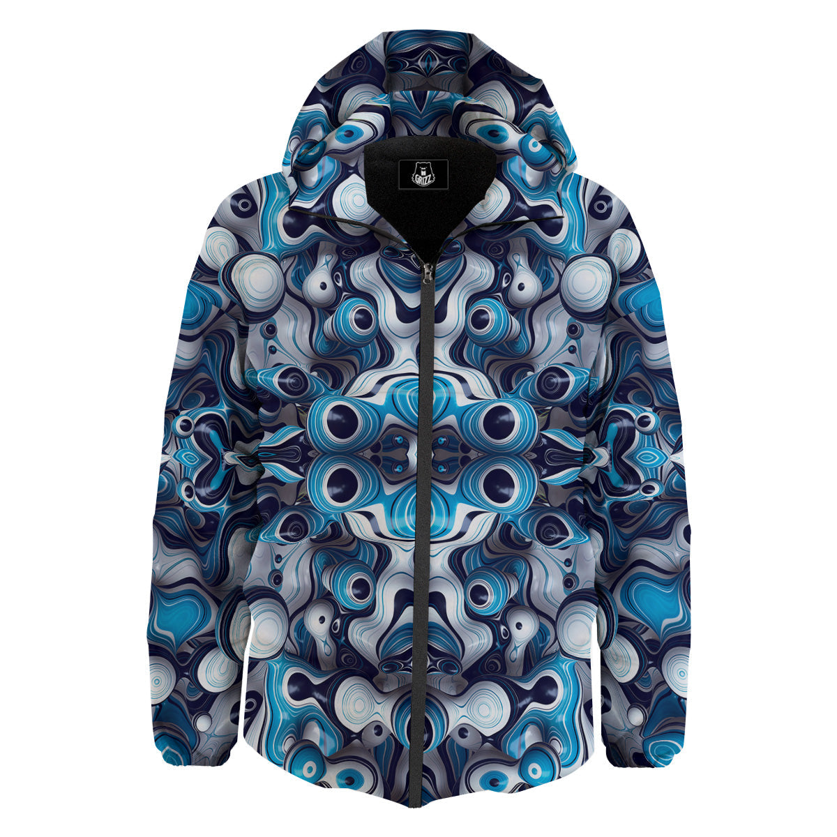 Abstract Wavy Bubbles Blue White Print Pattern Down Jacket-grizzshop