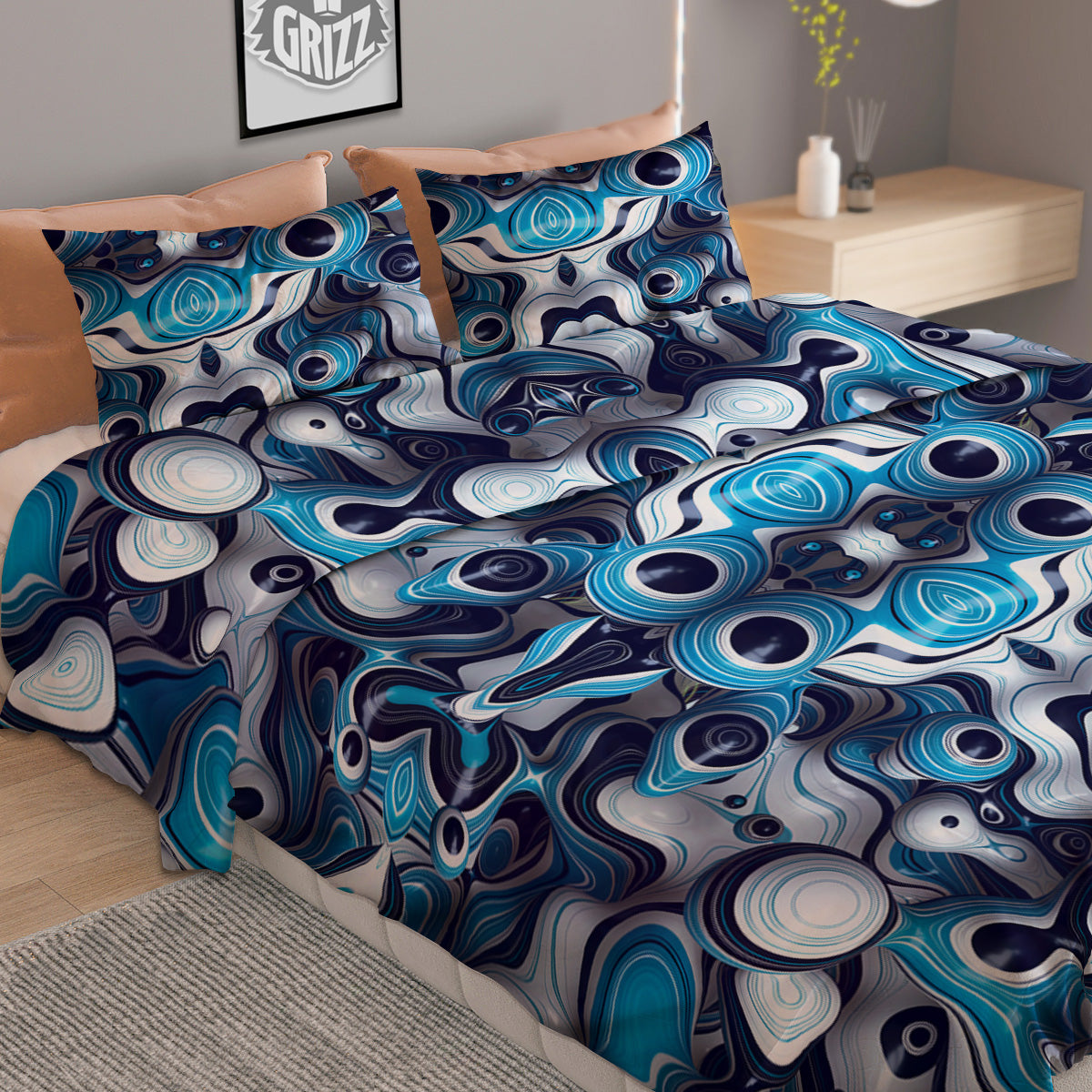 Abstract Wavy Bubbles Blue White Print Pattern Duvet Cover Bedding Set